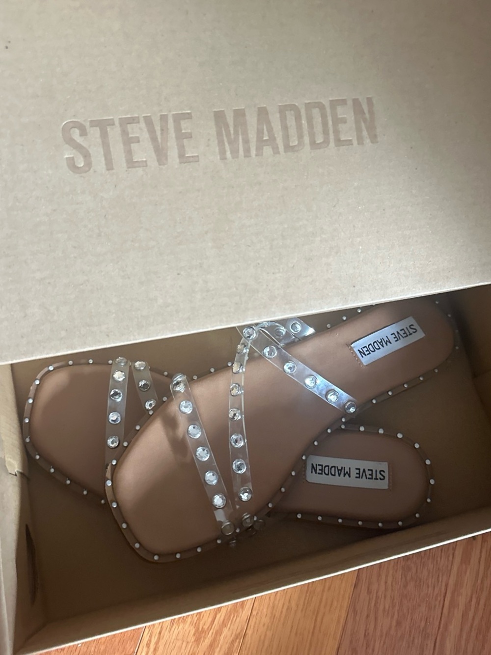 Steve Madden Clear Rhinestone Studded Slide Sandals - Brown Footbed